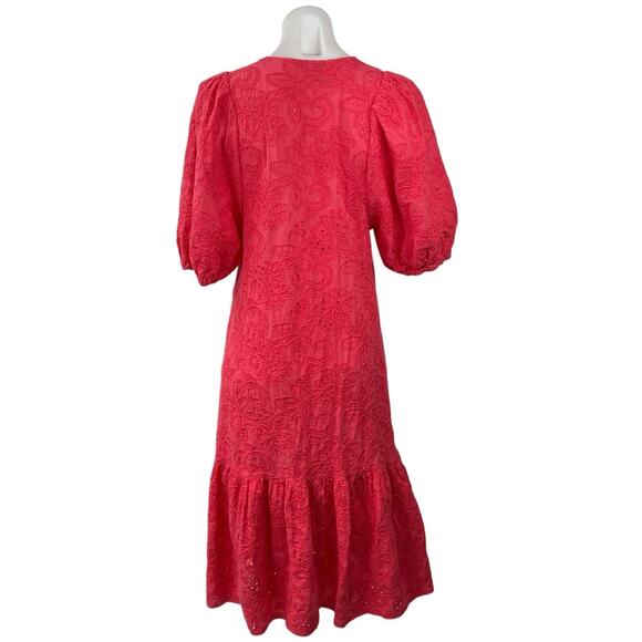 Zara Red Eyelet Embroidered V-neck Puff Sleeve Flounce Midi A-Line Dress Size S - Picture 3 of 5